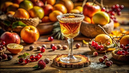 Fototapeta premium A glass of amber liquid rimmed with sugar resting on a wooden slice surrounded by autumnal fruit and berries