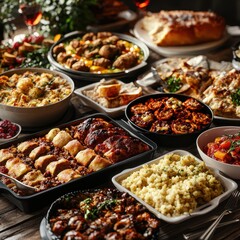 A vibrant spread of diverse dishes featuring various cuisines, showcasing colors and textures, perfect for a festive gathering.