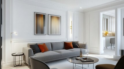 Fototapeta premium A living room with a couch, a coffee table, and a vase