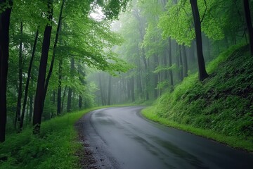 Obraz premium A tranquil winding road through a lush, green forest shrouded in mist, evoking a sense of calm and serenity.