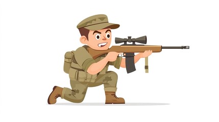 Fototapeta premium A charming cartoon illustration depicting a cute full-body view of an army sniper engaged in a military operation in a city environment. The sniper is portrayed in a playful style,