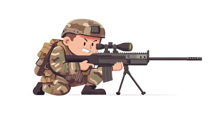 Fototapeta premium A charming cartoon illustration depicting a cute full-body view of an army sniper engaged in a military operation in a city environment. The sniper is portrayed in a playful style,