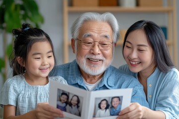 A joyful Asian grandfather shares a cherished memory with his granddaughter and daughter, displaying love and connection.