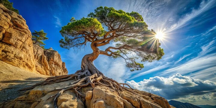 A Resilient Tree, Roots Griping Firmly to the Rocky Cliff, Reaching Up to the Sunlit Clouds in a Majestic Display of Nature's Strength and Resilience