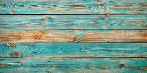 A weathered wooden surface with a turquoise blue hue, showcasing the natural grain and texture of the planks, revealing a story of time and exposure.
