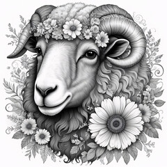 Intricate Sheep Illustration with Floral Design in Black and White beautiful sheep head with flowers