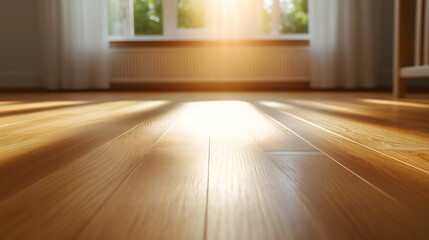 Warm sunlight filters through a window, casting gentle light on a polished wooden floor in a calm interior. The atmosphere exudes tranquility and comfort in the room.