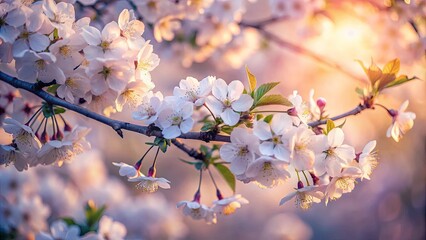 Obraz premium Delicate White Blossoms Bathed in Warm Light, Embracing the Essence of Spring's Arrival