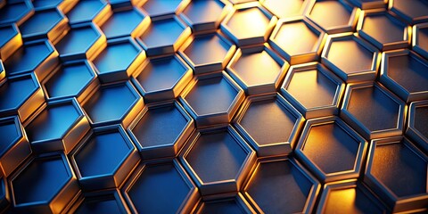 A mesmerizing abstract composition featuring a grid of metallic hexagons, with a radiant glow emanating from the depths of the geometric pattern.
