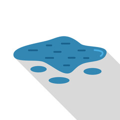 Blue puddle of water creating a stain on a light surface, with small droplets around and a long shadow, in a flat design style