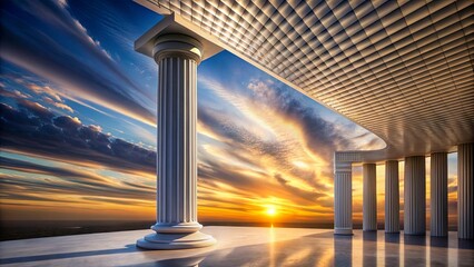 Obraz premium A majestic architectural structure, a colonnade of white pillars, standing tall against a backdrop of a vibrant sunset sky, a breathtaking scene of serene beauty