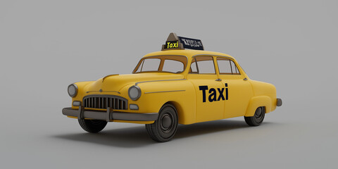 Classic yellow taxi cab waiting for passengers on gray background