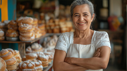 Happy senior baker woman smiling with arms crossed in bakery shop