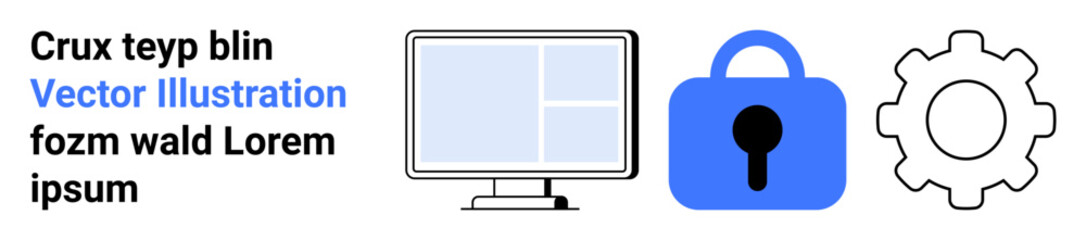 Computer screen, blue padlock, and gear icon. Ideal for tech, software development, security, IT services, programming, web design, tutorials. Banner for landing page