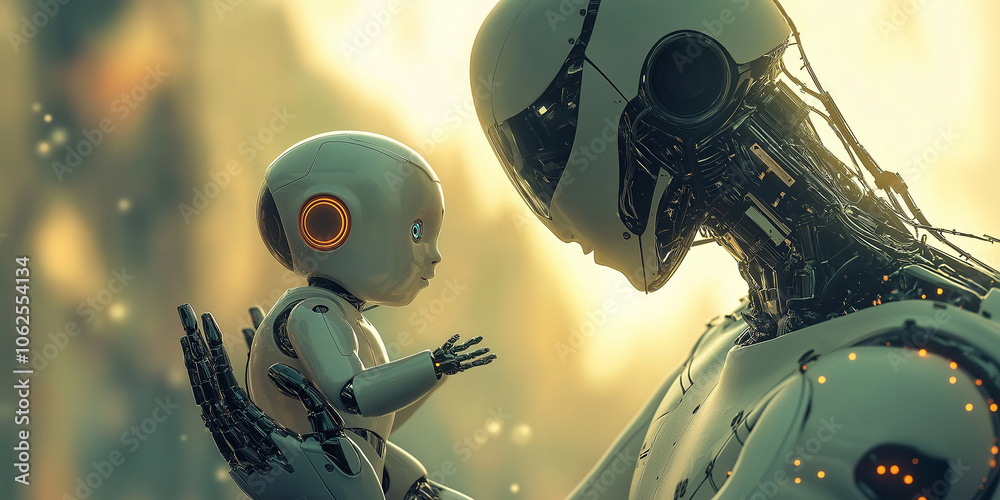 Fototapete Robot holding a baby robot showing artificial intelligence and robotics concepts