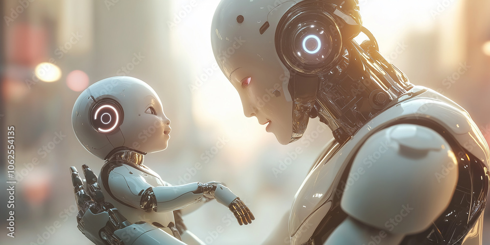 Poster robot holding baby robot showing artificial intelligence and motherhood