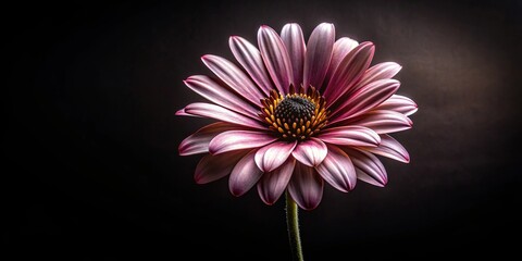 Obraz premium A delicate flower with vibrant petals, bathed in soft light, stands in stark contrast against a dark backdrop.
