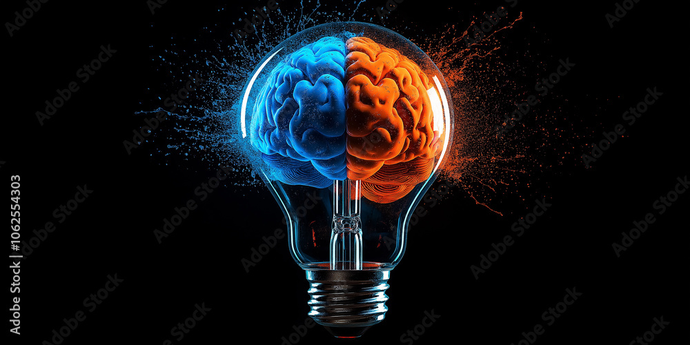 Poster Creative colorful brain exploding inside a light bulb on black background