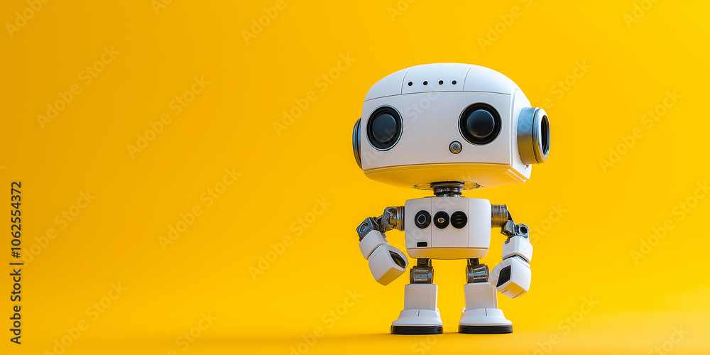 Poster White friendly robot standing on yellow background: artificial intelligence and robotics concept