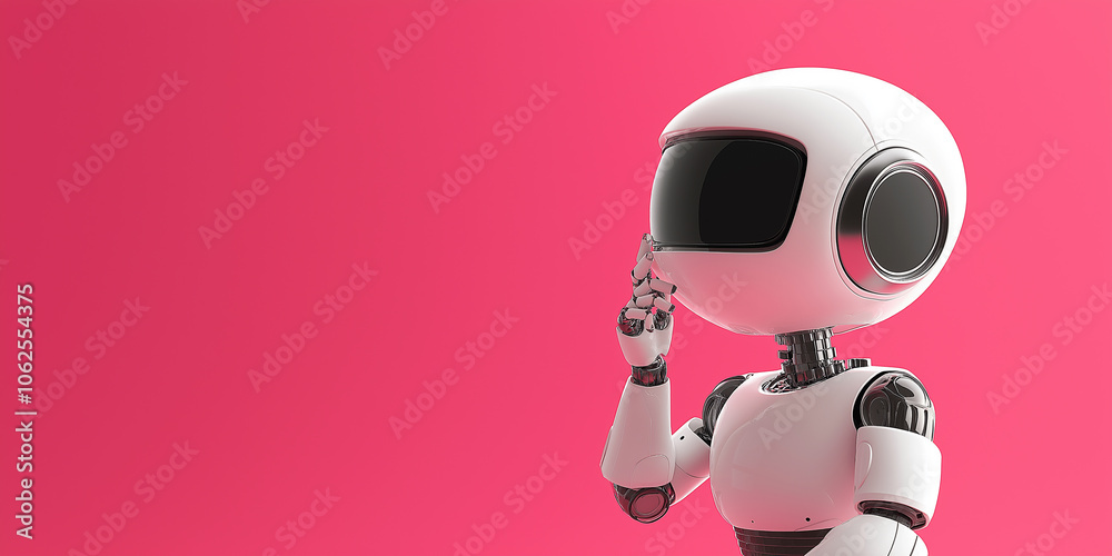 Poster white robot thinking on pink background, artificial intelligence is working