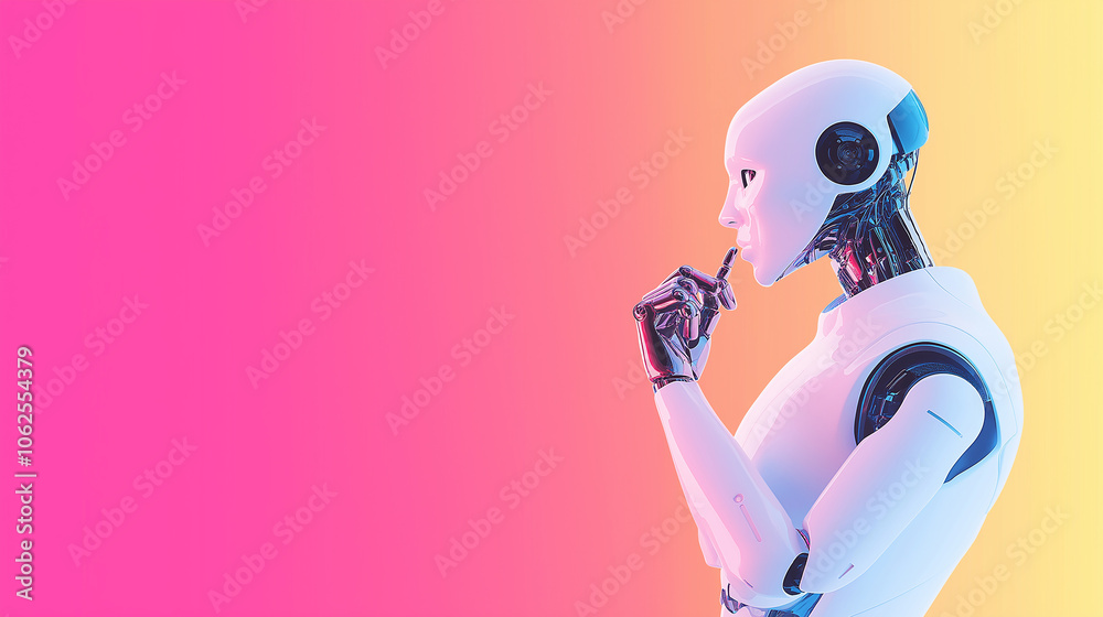 Poster Thoughtful robot making calculations with finger on lips on gradient background