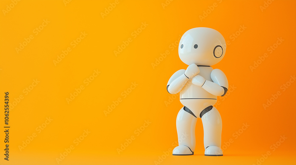 Poster White robot standing and touching its chest on orange background