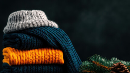 Cozy wool sweaters stacked with festive touch of pine branches