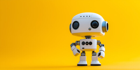 White friendly robot standing on yellow background: artificial intelligence and robotics concept