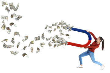 Woman attracting dollar bills with magnet on white background. Concept of money earning