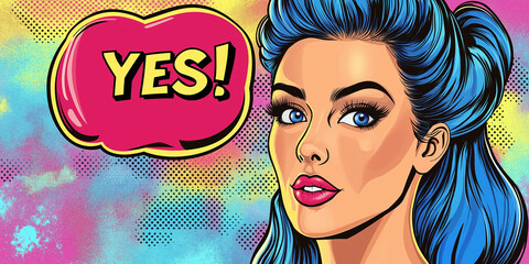 Pop art woman saying yes with speech bubble and colorful background © Andres Mejia