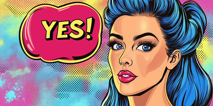 Pop art woman saying yes with speech bubble and colorful background - Powered by Adobe