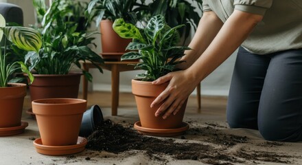 Person tending to potted plants indoors, surrounded by soil