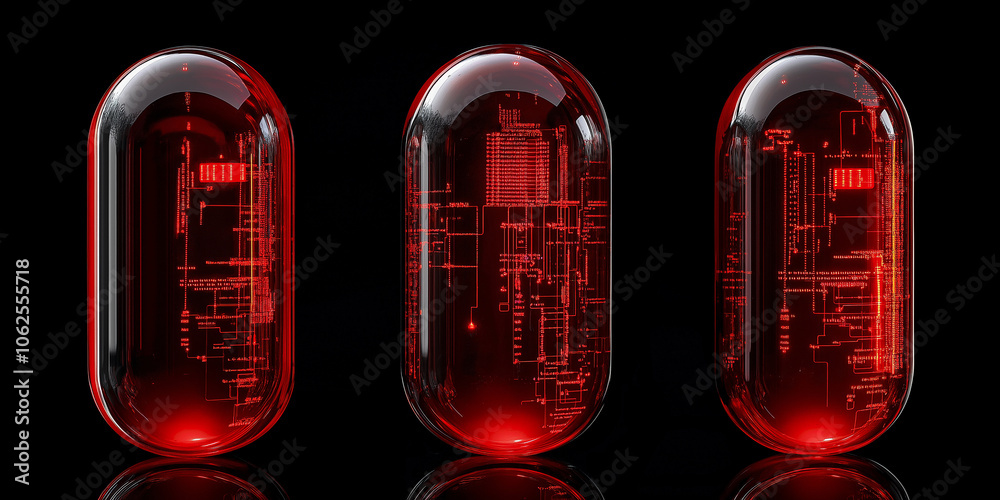 Aufkleber three red glowing capsules showing futuristic pcb and electronic circuit design