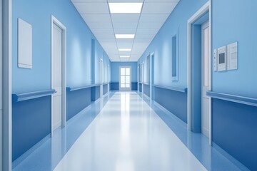 Bright and Clean Hospital Corridor with Blue Walls