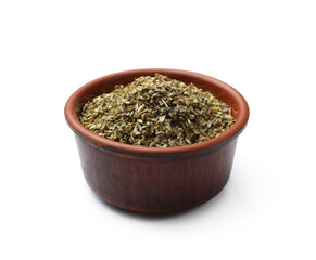 Dried oregano in bowl isolated on white