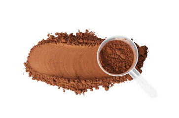 Protein powder and scoop isolated on white, top view