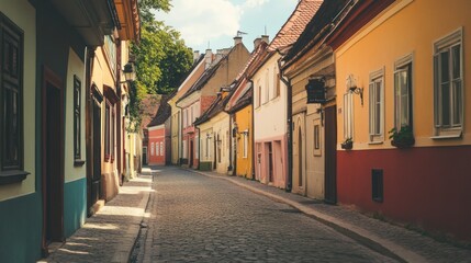 Obraz premium A classic European street lined with colorful buildings, 