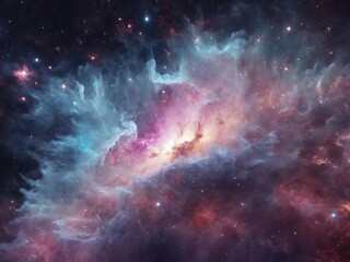 Naklejka premium Bright Nebula Surrounded by Colorful Cosmic Clouds in Deep Space 