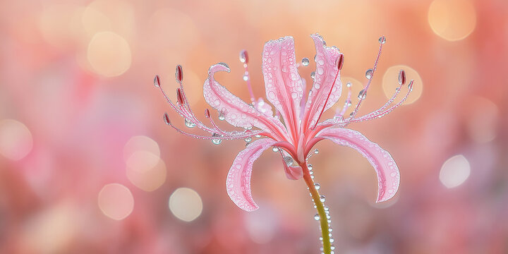 Pink nerine showing raindrops on blurred background