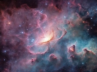 Obraz premium Bright Nebula Surrounded by Colorful Cosmic Clouds in Deep Space 
