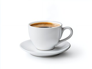 A white ceramic coffee cup and saucer filled with steaming black coffee, isolated on white background.