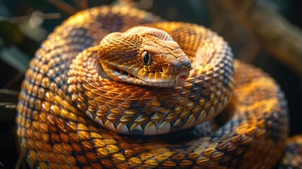 Fototapeta premium Venomous snake with a coiled body and distinctive markings.