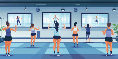 Group of women doing fitness exercises following virtual instructor on screen in gym