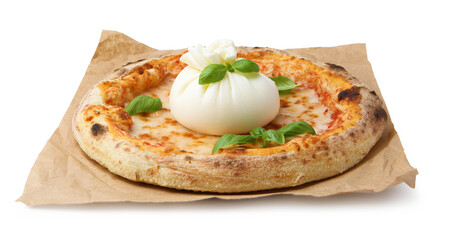 Delicious pizza with burrata cheese and basil isolated on white