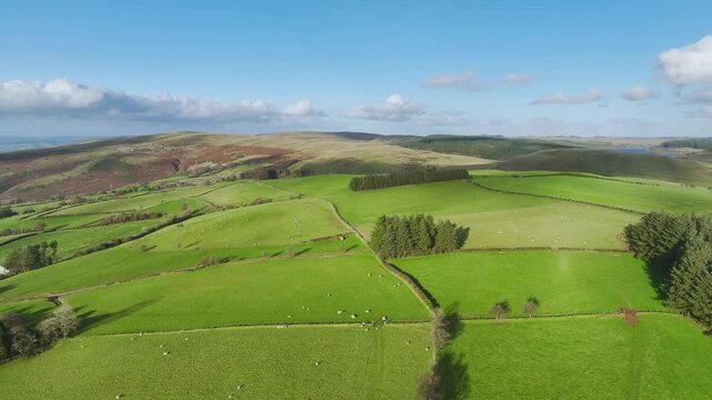 Farms over Black Mountain from a drone, Brecon Beacons National Park, Carmarthenshire, Wales, England