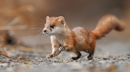 Obraz premium Small mammal, possibly a mouse or gerbil, captured mid-run.