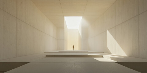 Businessman walking into light at the end of minimalist concrete corridor