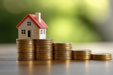 A small white house with a red roof sits atop a stack of gold coins feeling of prosperity and wealth, concept of financial stability and homeownership. 