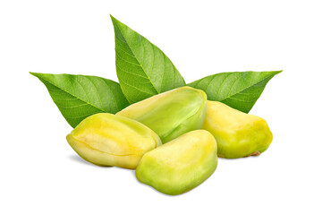 Shelled pistachios and green leaves on white background. Tasty nut