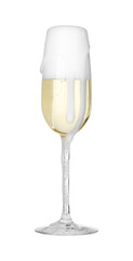 Glass overflowing with champagne isolated on white